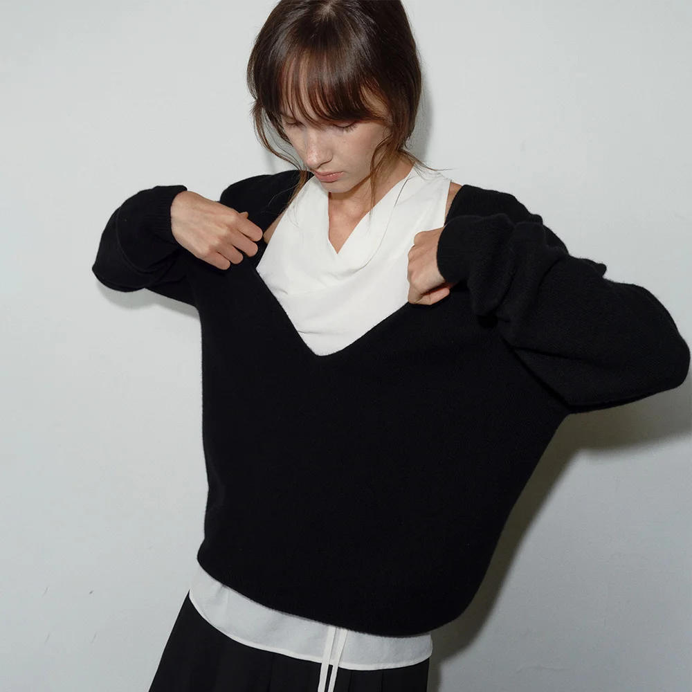 CASH WOOL DEEP V_NECK KNIT_BLACK