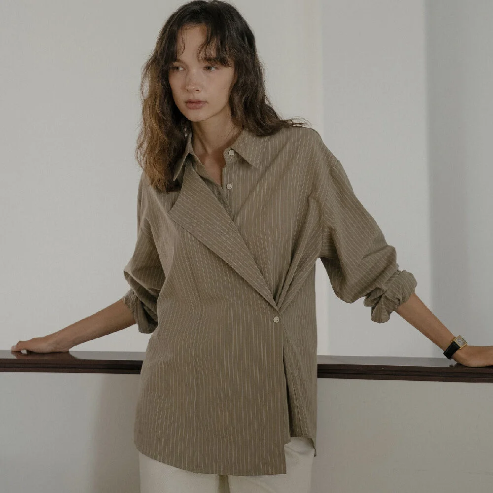 2way stripe wrap shirt _Khaki