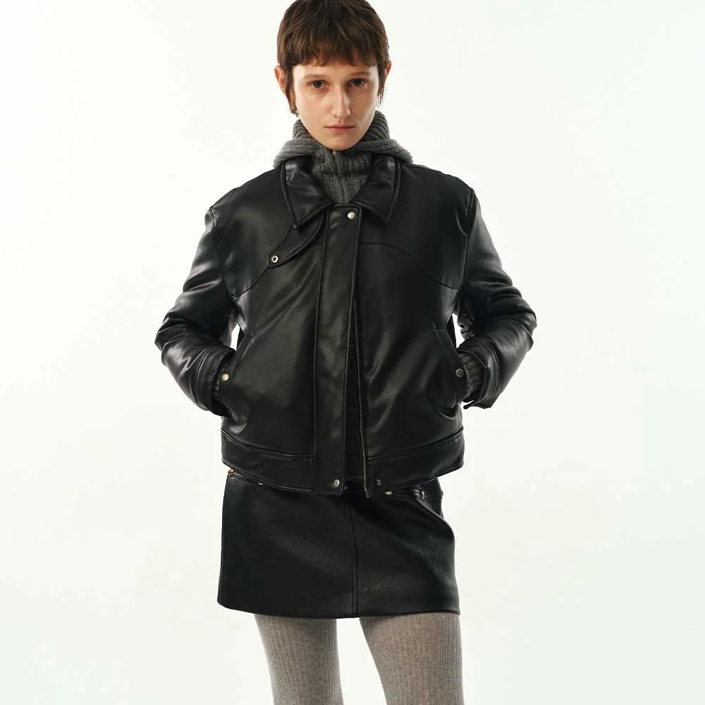 Vegan Leather Goose-Down Puffer Blouson / Black