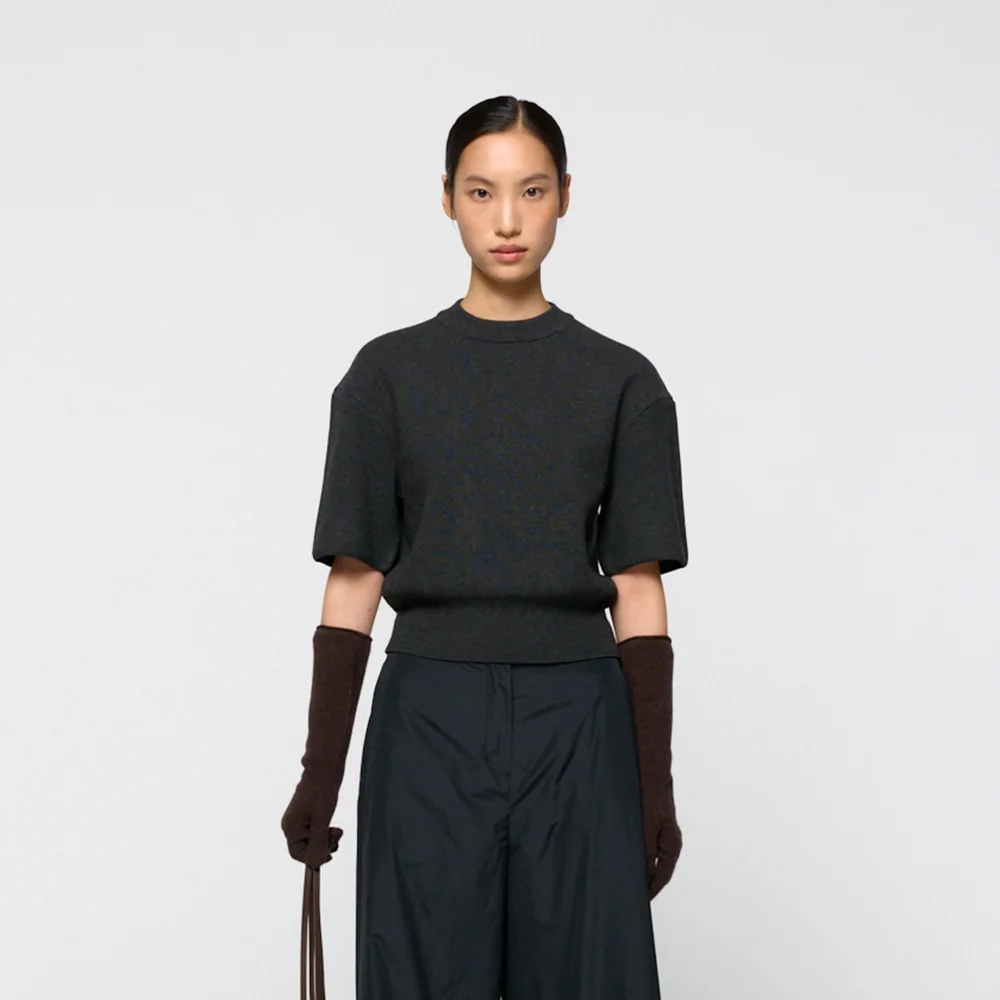 Rounded half knit top, Charcoal