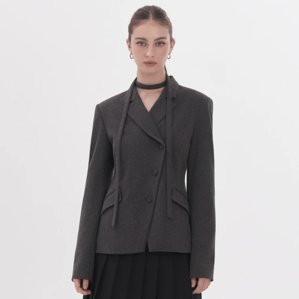 Jane Herringbone Fitted Tailored Jacket - Dark Grey