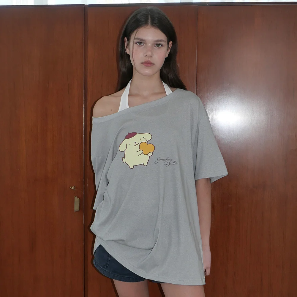 Heart Pompompurin Off Shoulder Top - Grey
