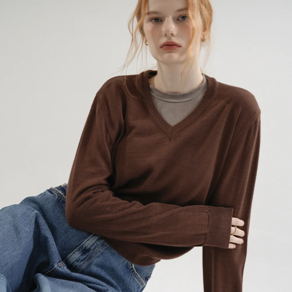 Premium Anti-filling Wool V-neck Basic Knit (Brown)