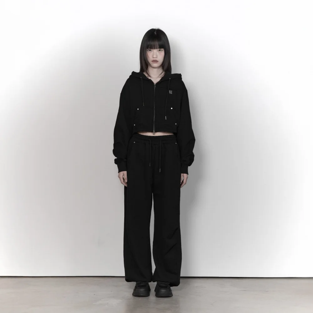 Soft Heavy Angel Washing Crop Hood Zip-up (Black)