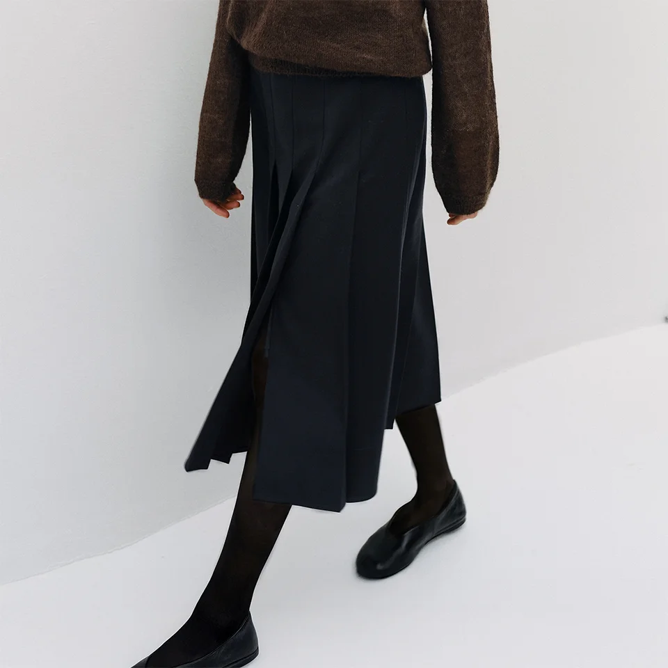 wool pleats belt skirt (deep navy)