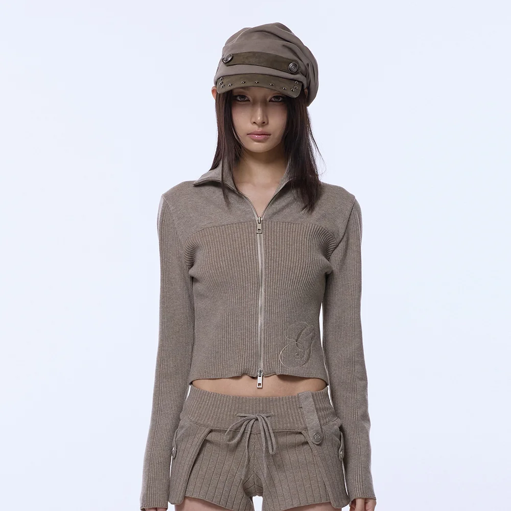 g SYMBOL CROP KNIT ZIP-UP_BEIGE