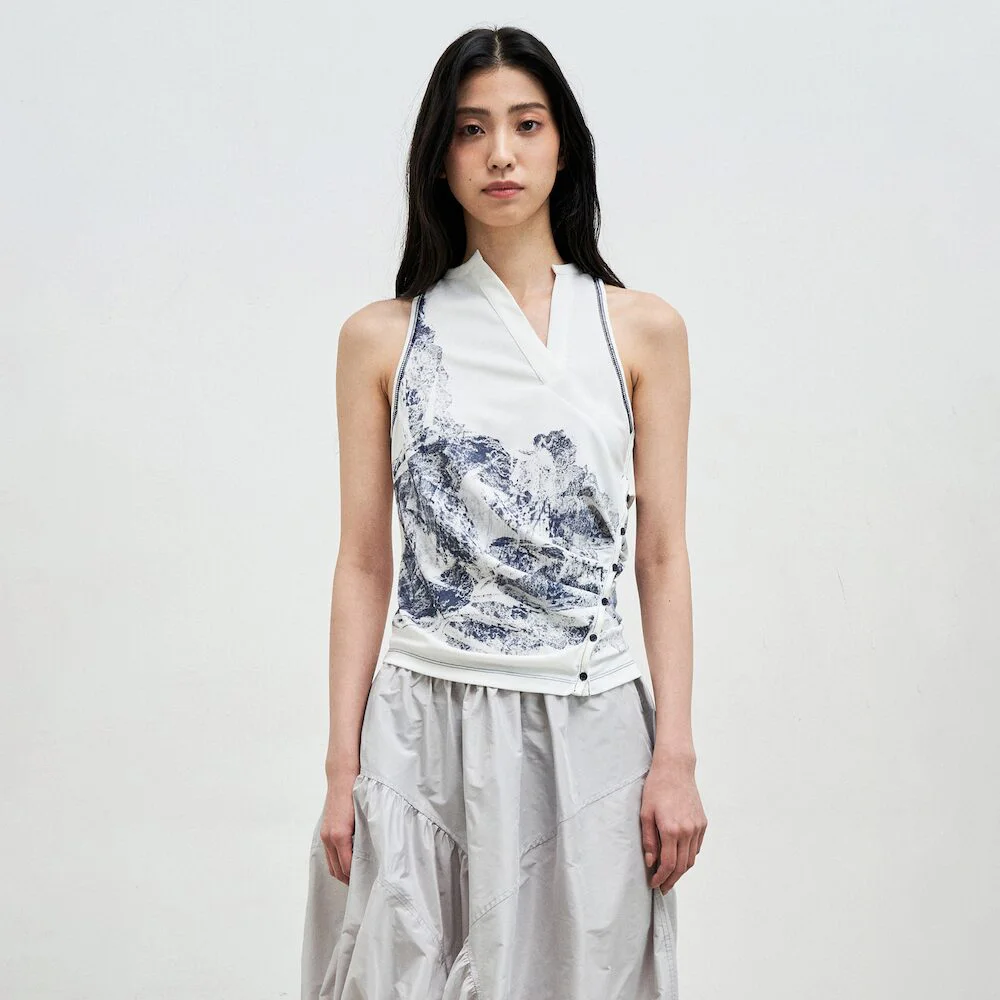 Lace Print Draped Jersey Sleeveless Top White (AG5442A021)