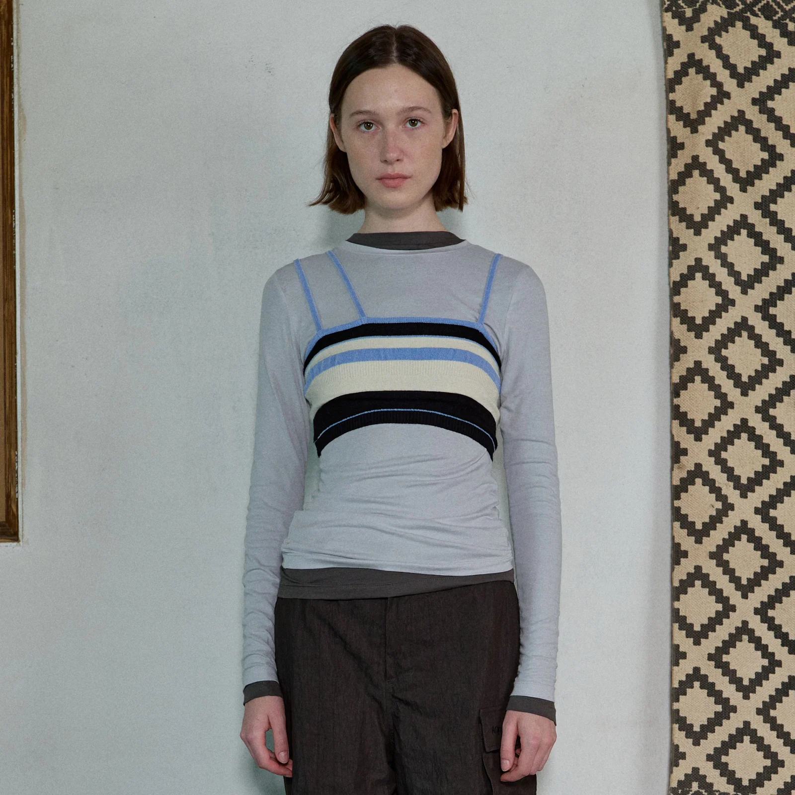 STRIPE KNIT BRA TOP - BLACK/SKY