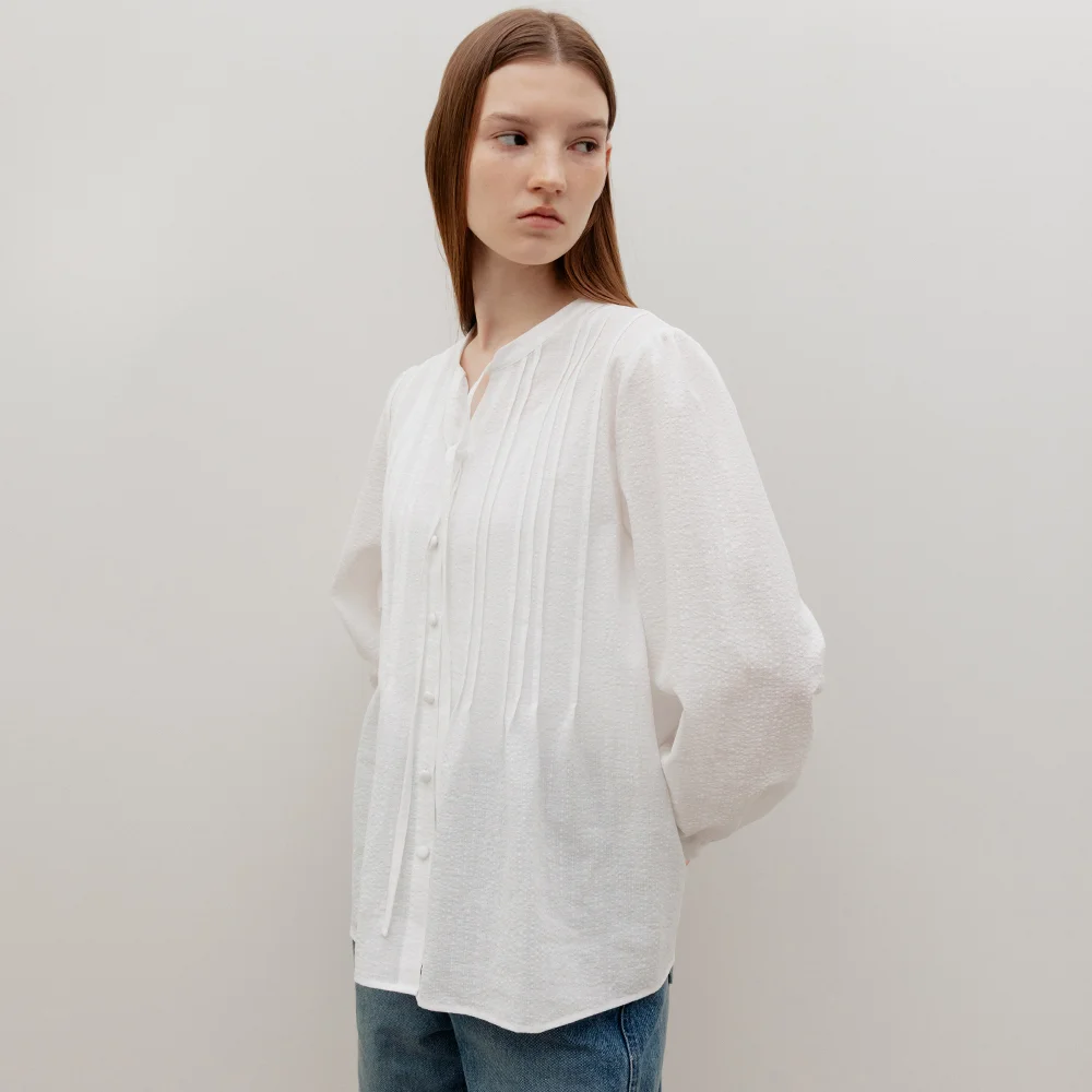 Plisse Pin-Tuck Tie Blouse White