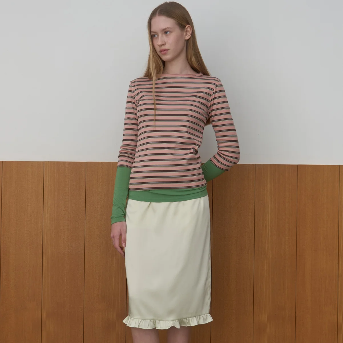 STRIPE 3/4 SLEEVE T-SHIRT_PINK/BROWN