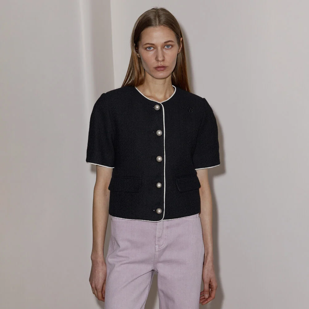 VELVET TRIMMED COTTON CROP JACKET - BLACK