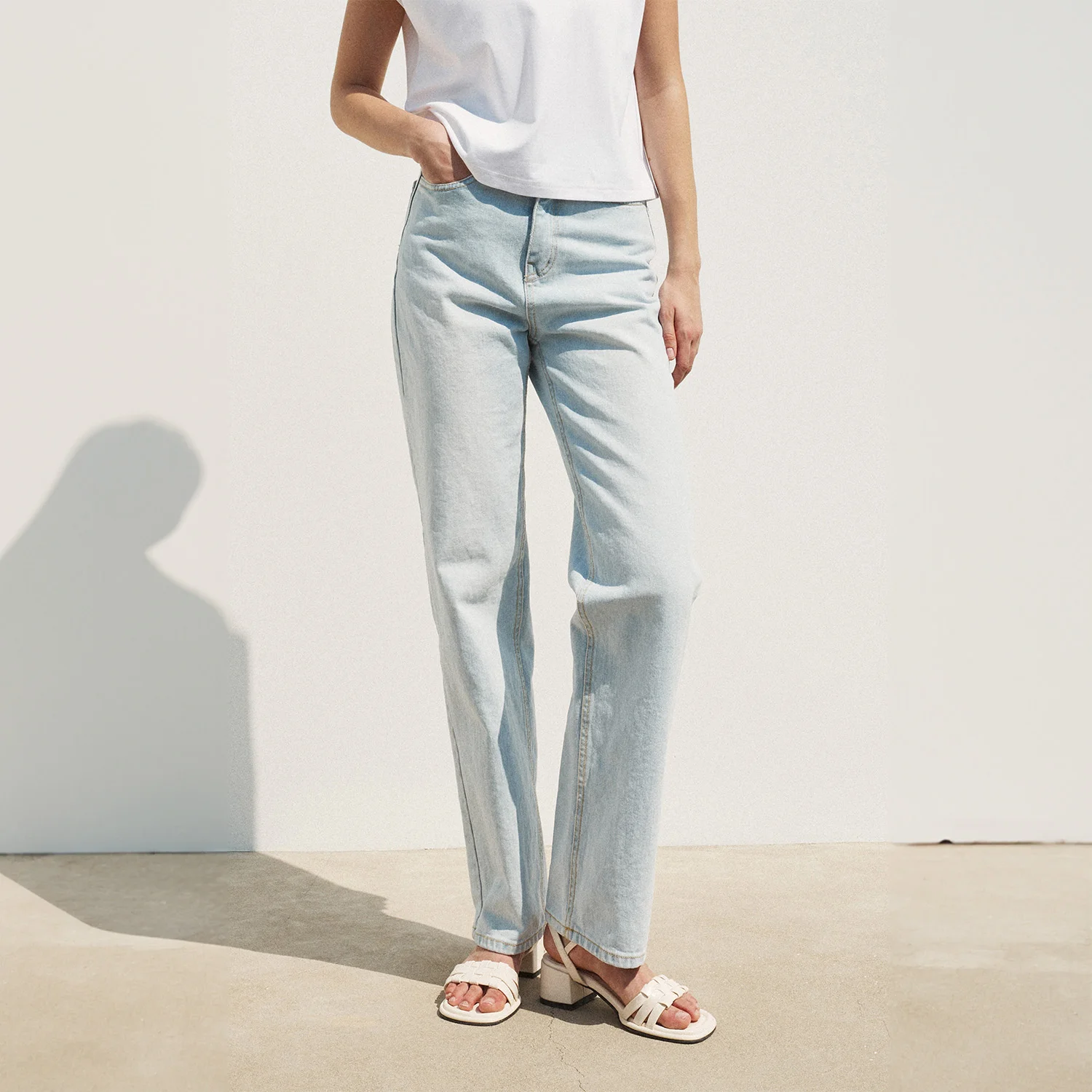 WASHED DENIM STRAIGHT LEG JEANS ICE BLUE