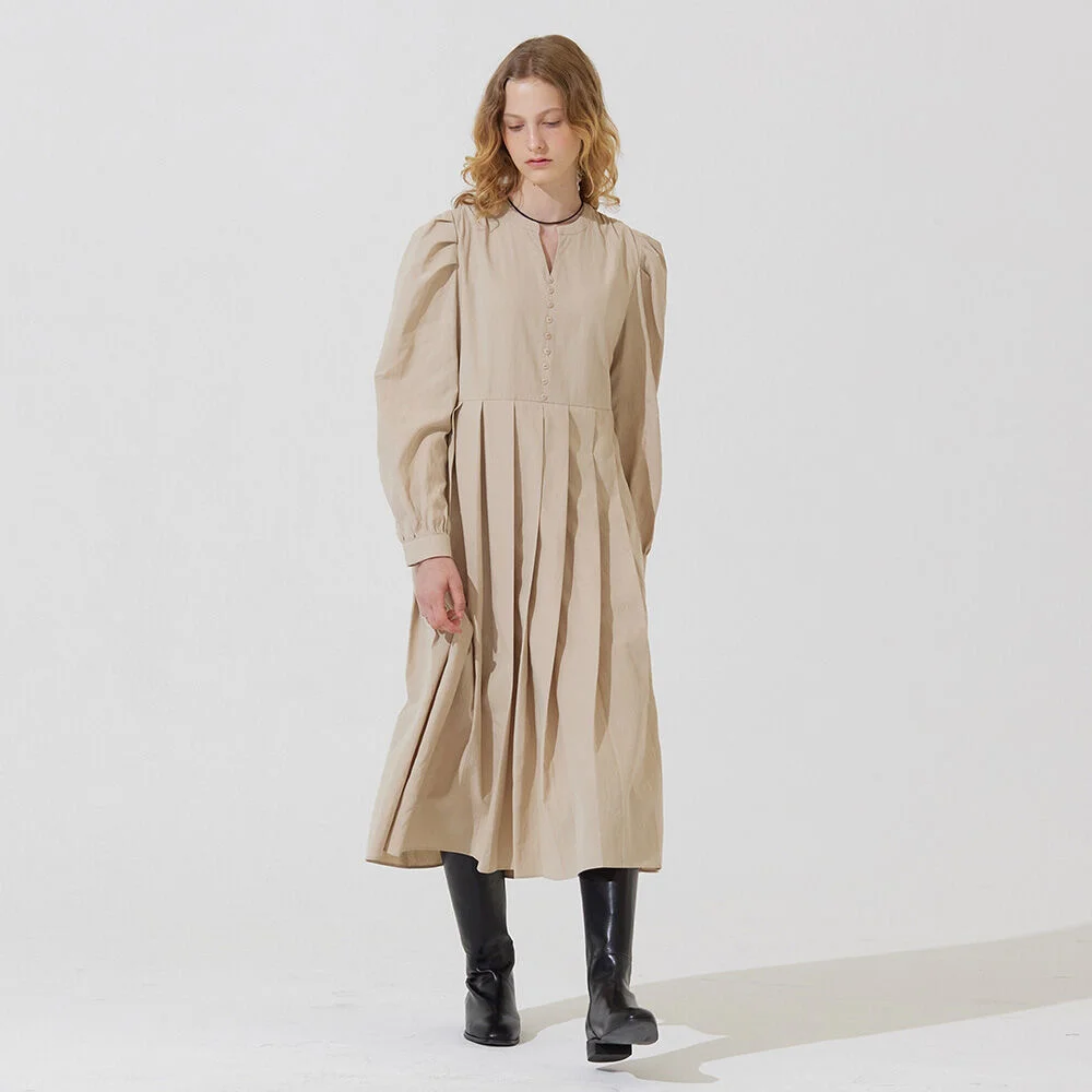 Semi v neck puff pleats long dress - beige
