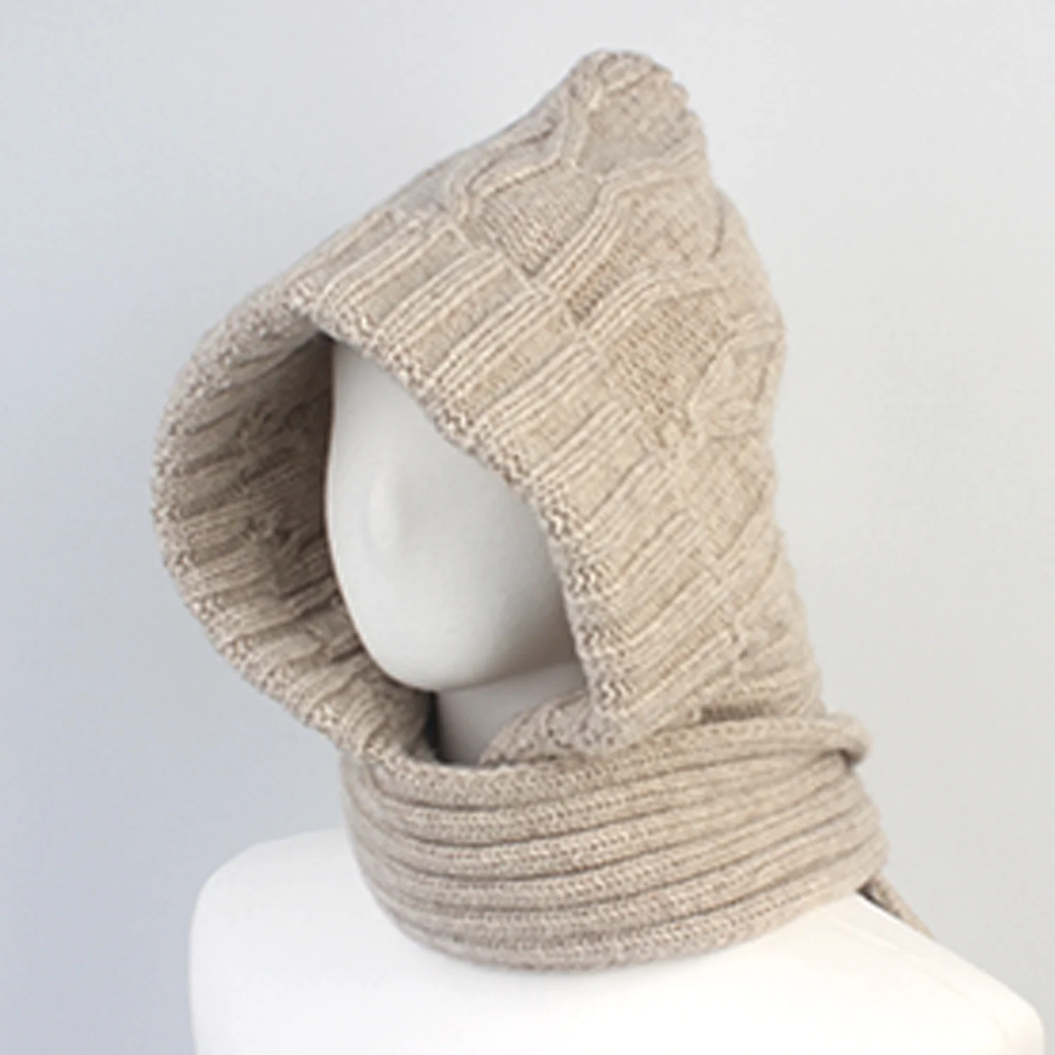 Twist Wool Beige Hood Muffler Hat 連帽圍巾