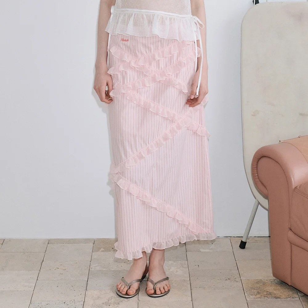 Chiffon Frill Stripe Long Skirt (Pink)