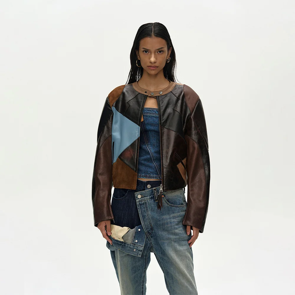 LEATHER PATCHWORK BIKER JACKET awa757w(DARK BROWN)