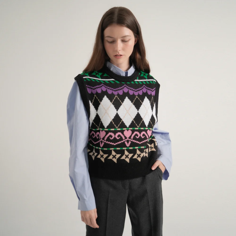 Pattern Round Knit Vest (Black)
