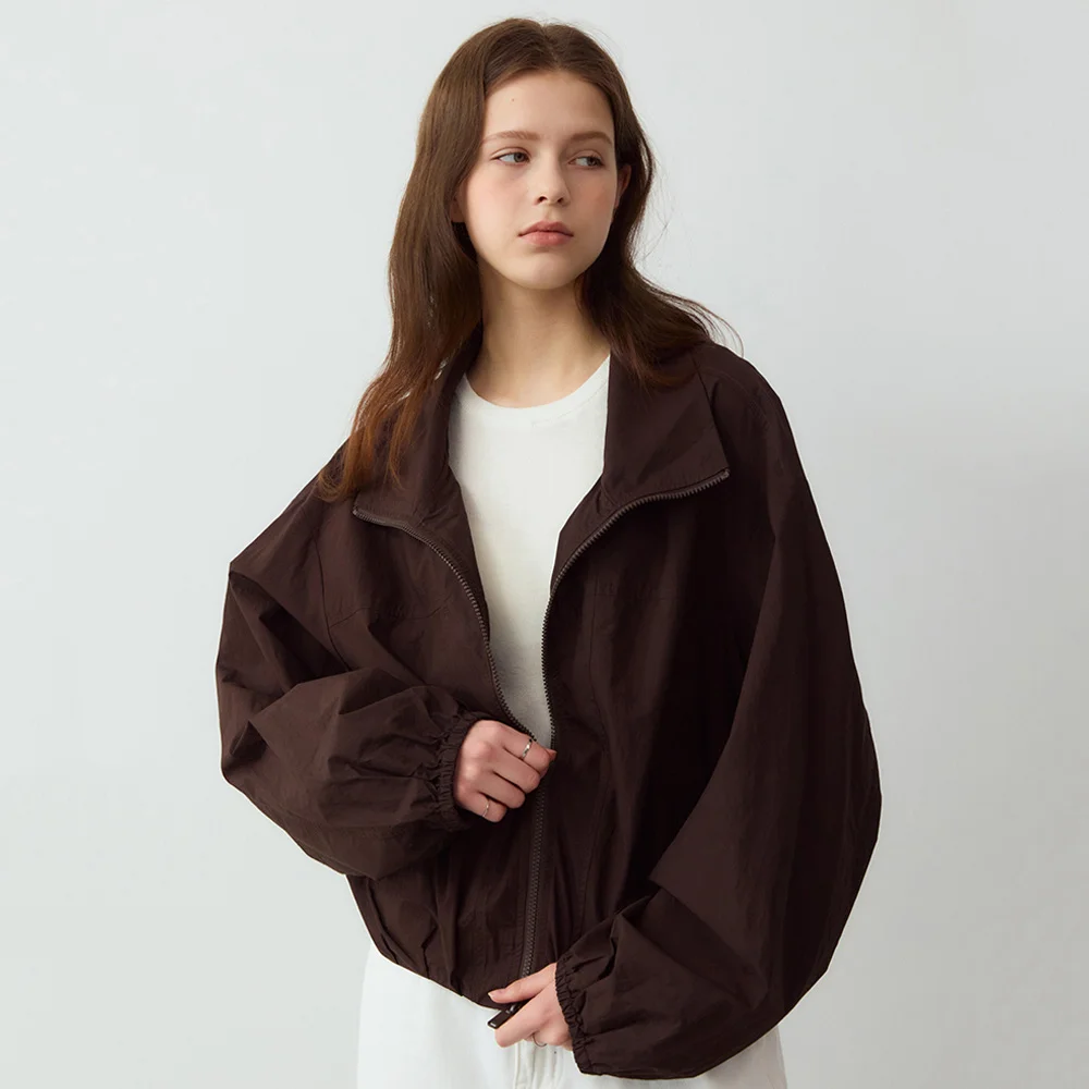 Label point pintuck blouson - brown