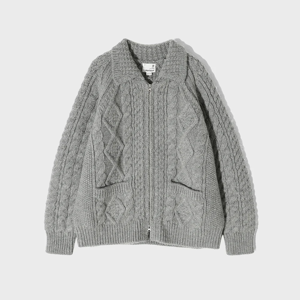 Aran Zip Up Knit Cardigan Melange Gray