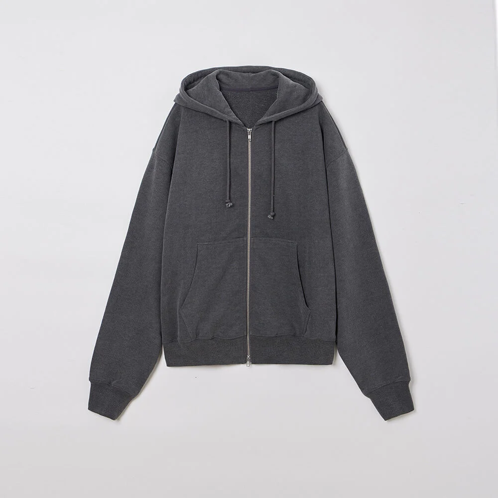 WOMAN PIGMENT DYEING HOODIE ZIP UP DEEP GRAY