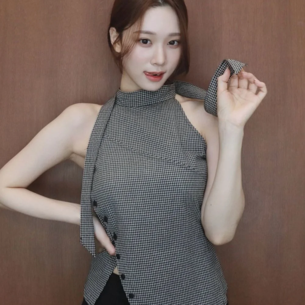 Asymmetric Scarf Halter Neck Blouse - Black Check