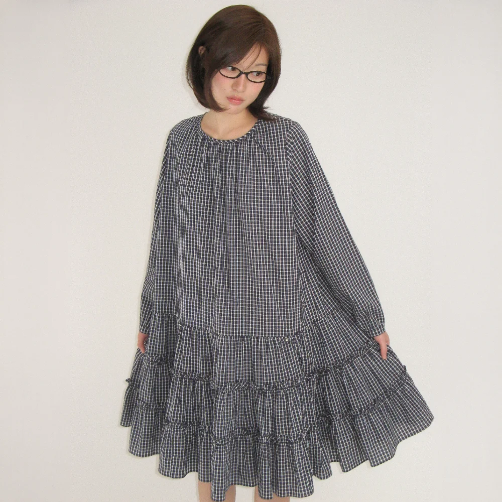SHIRRING PUFF RUFFLE DRESS NAVY CHECK