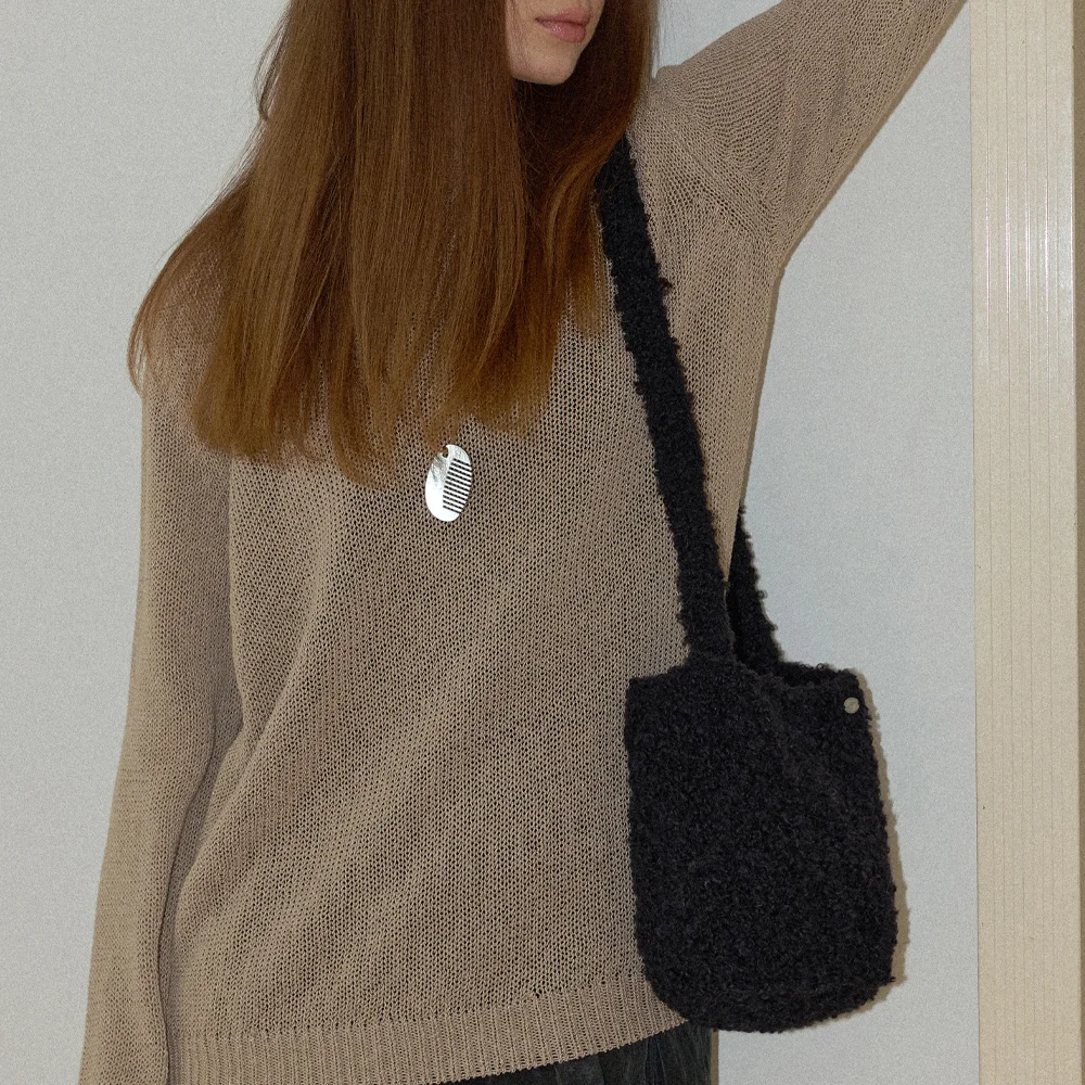 Fluffy Handmade Crochet Knit Bucket Bag _ Black