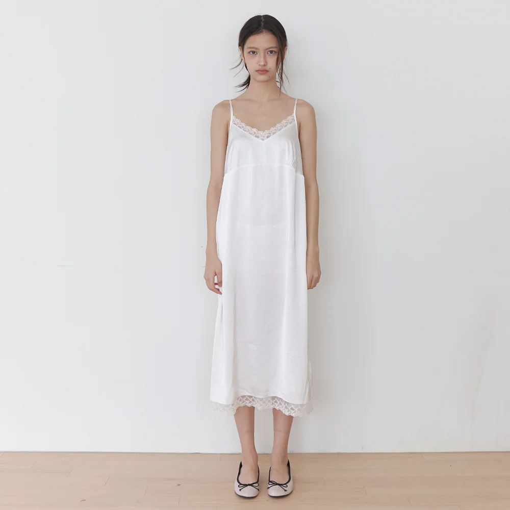 lace trim satin slip dress - cream