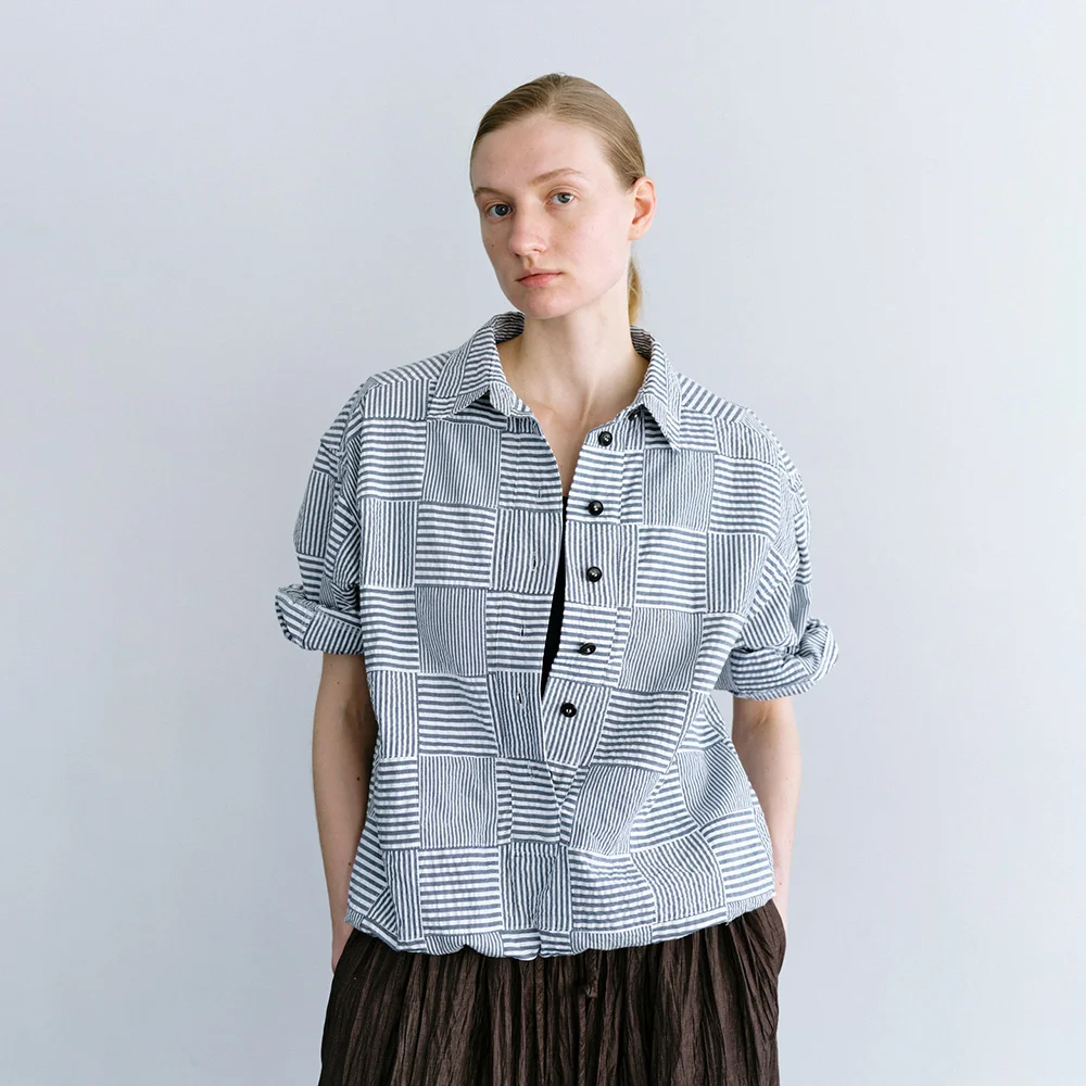 Patchwork Henley Shirt in Blue