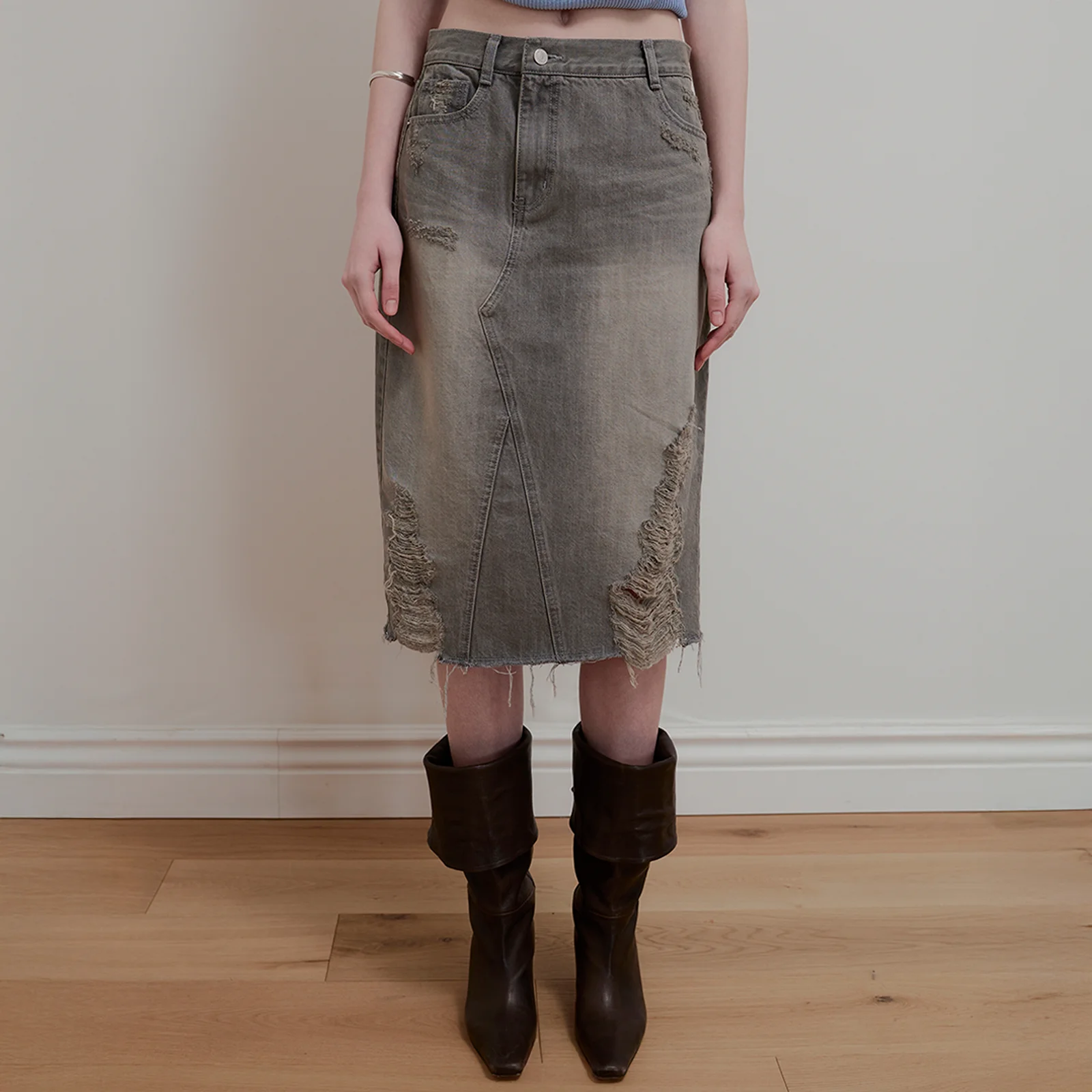 VINTAGE WASHED DENIM SKIRT - GRAY