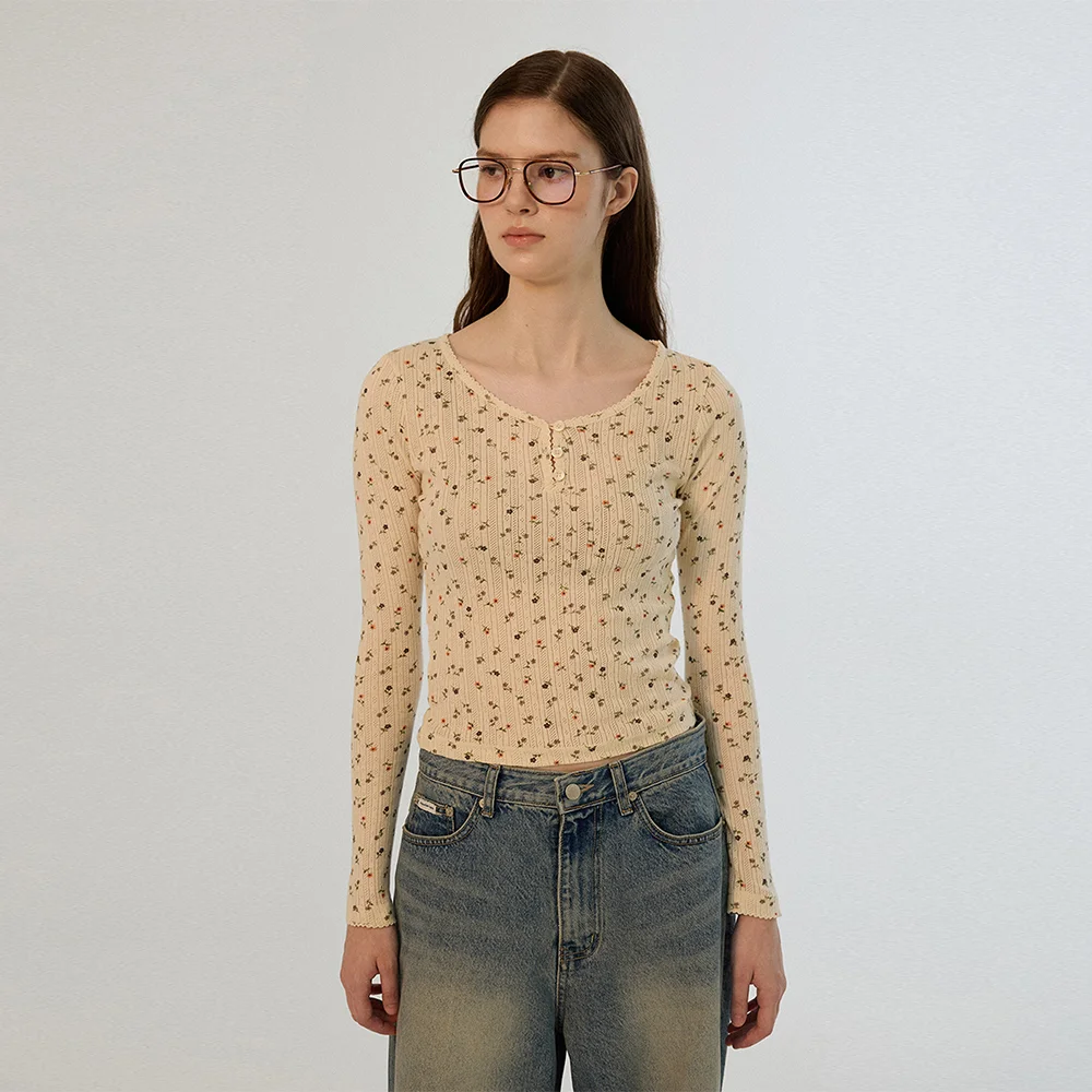 Flower Lace Button Long Top - Cream
