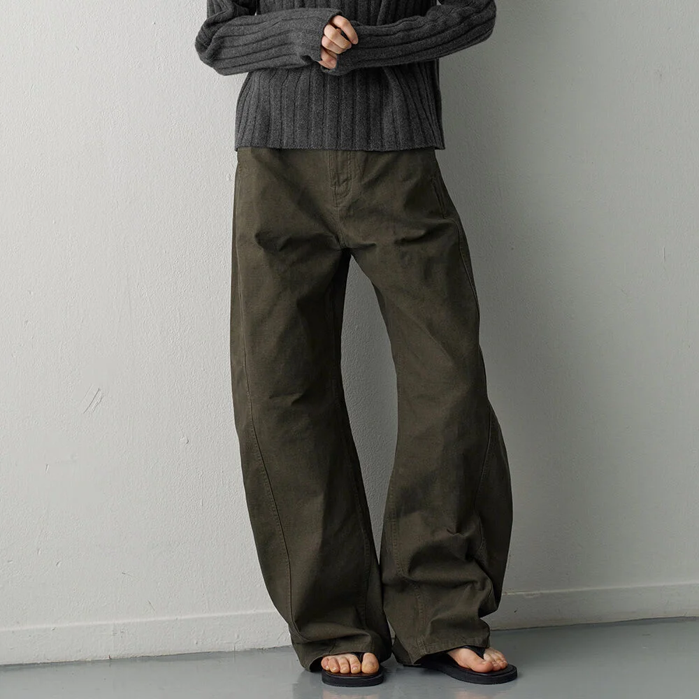 蠟塗 純棉 桶形 褲子_khaki