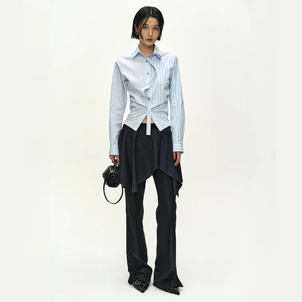 ASYMMETRIC WRAP SKIRT-LAYERED BOOTCUT TROUSERS (NAVY/BLACK)