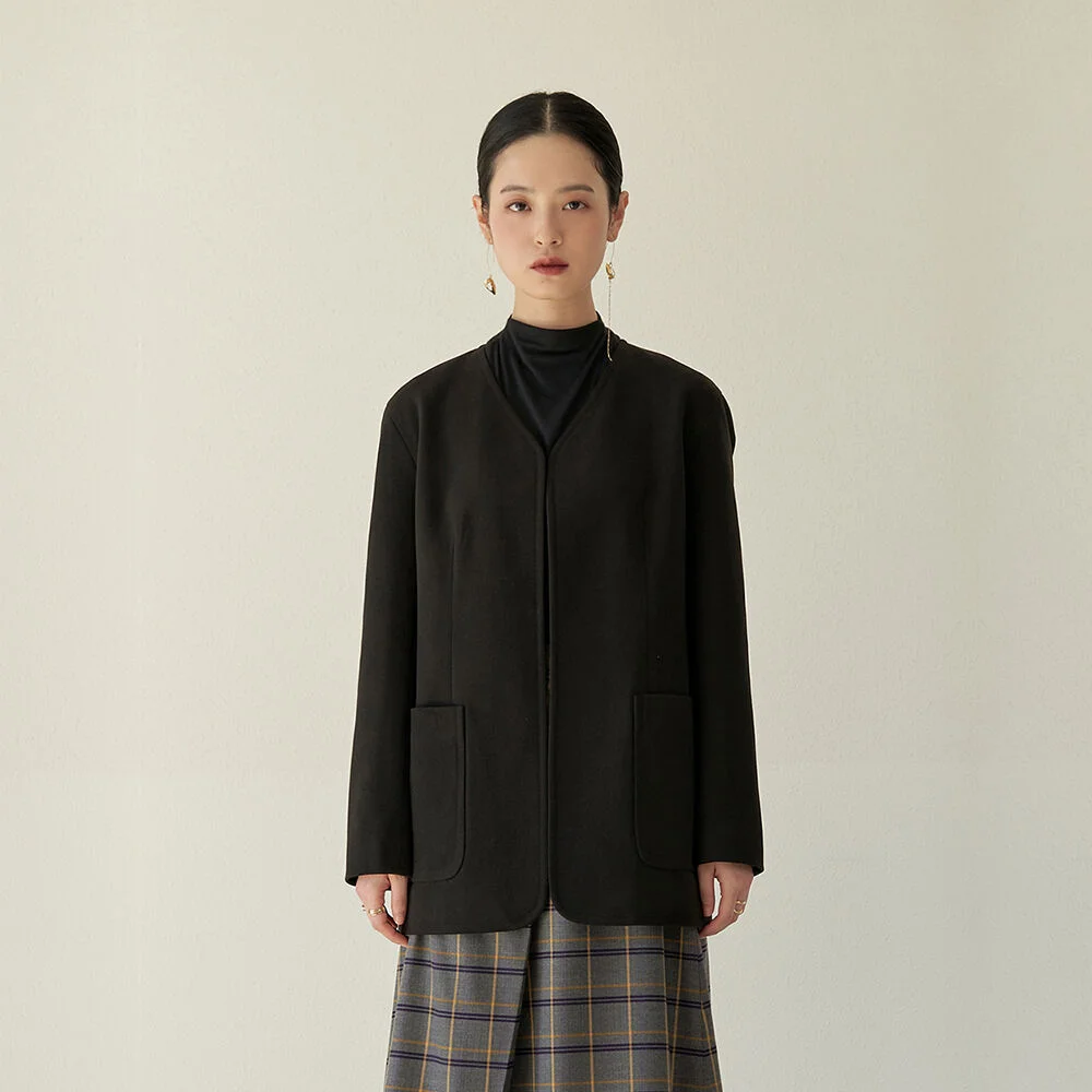 collarless classic belted jacket_Black