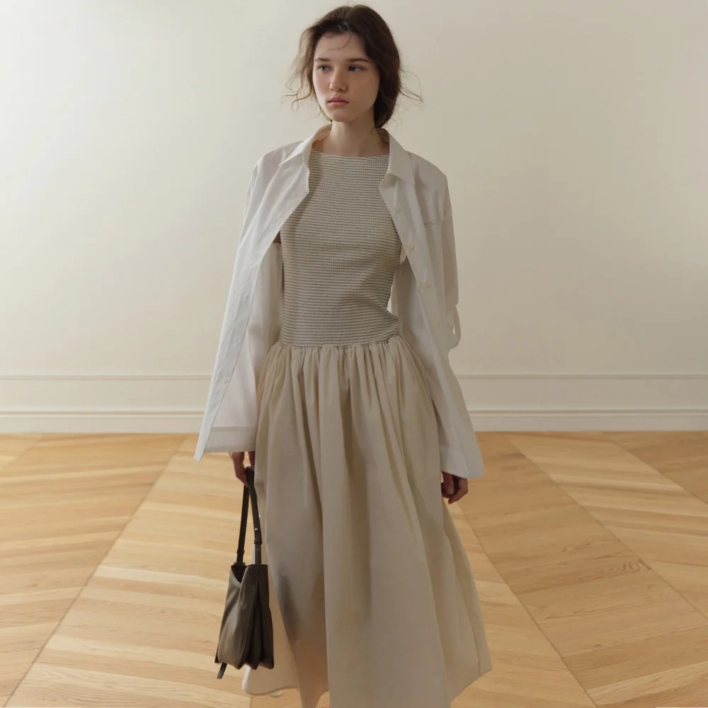Tia Shirring Maxi Dress (Gray Stripe)