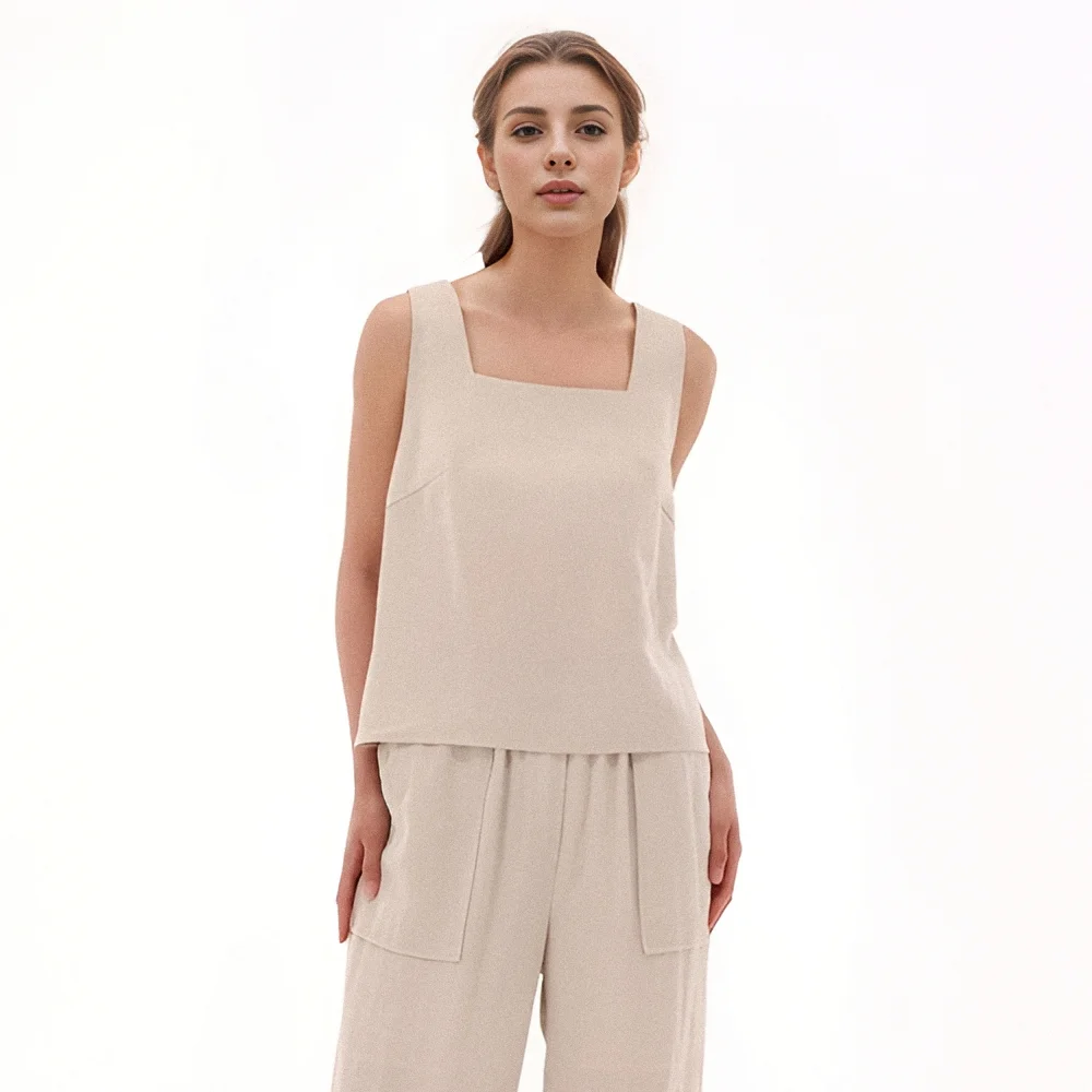 Square neck Sleeveless Top _Beige