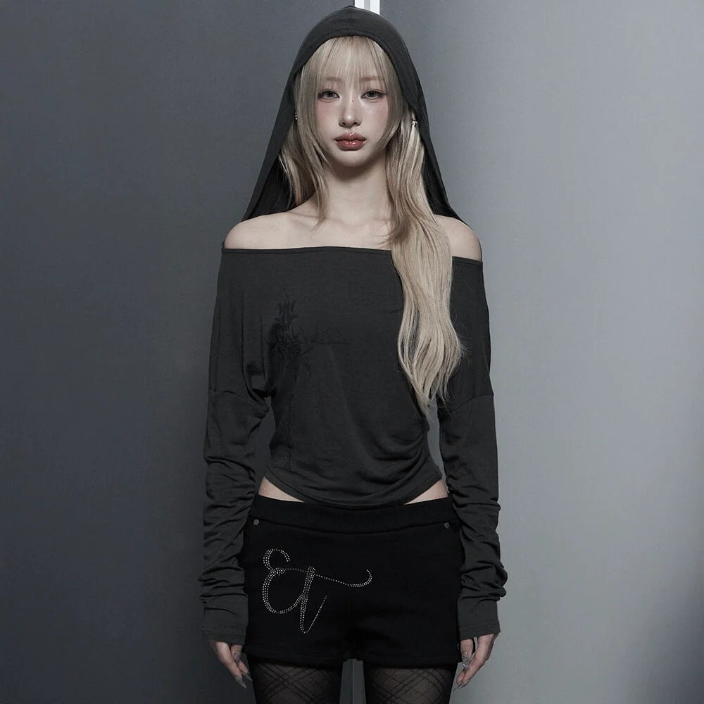 Lettering Hooded Slim-Fit Long Sleeve Top (Dark Gray)