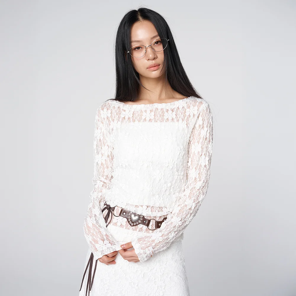 Sheer Lace Shirred Top White