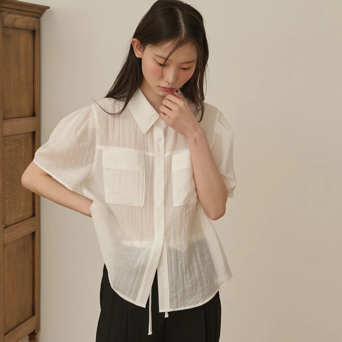 Organza Puff Sleeve Pocket Blouse_White
