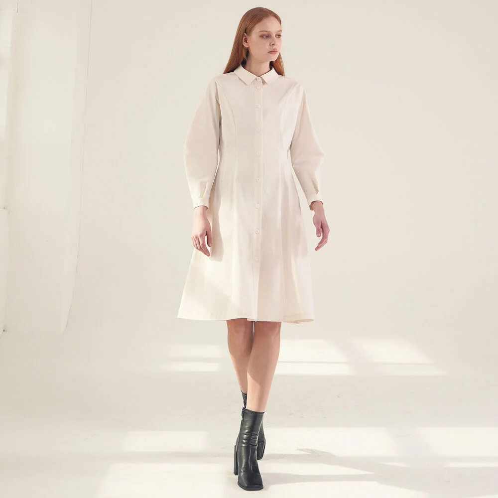 Balloon Sleeve Shirt Dress_Ivory