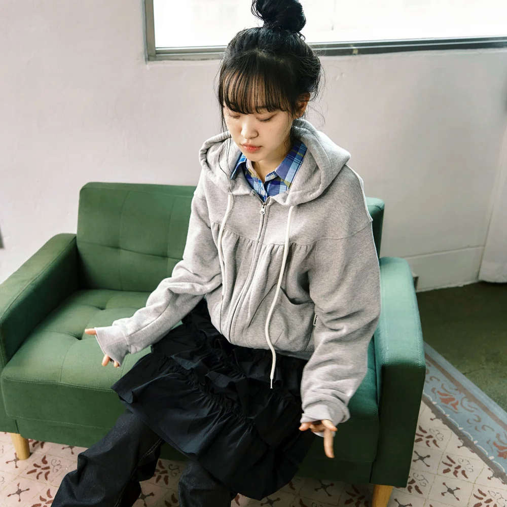 ke106-Shirring Hooded Zip Up Melange Gray