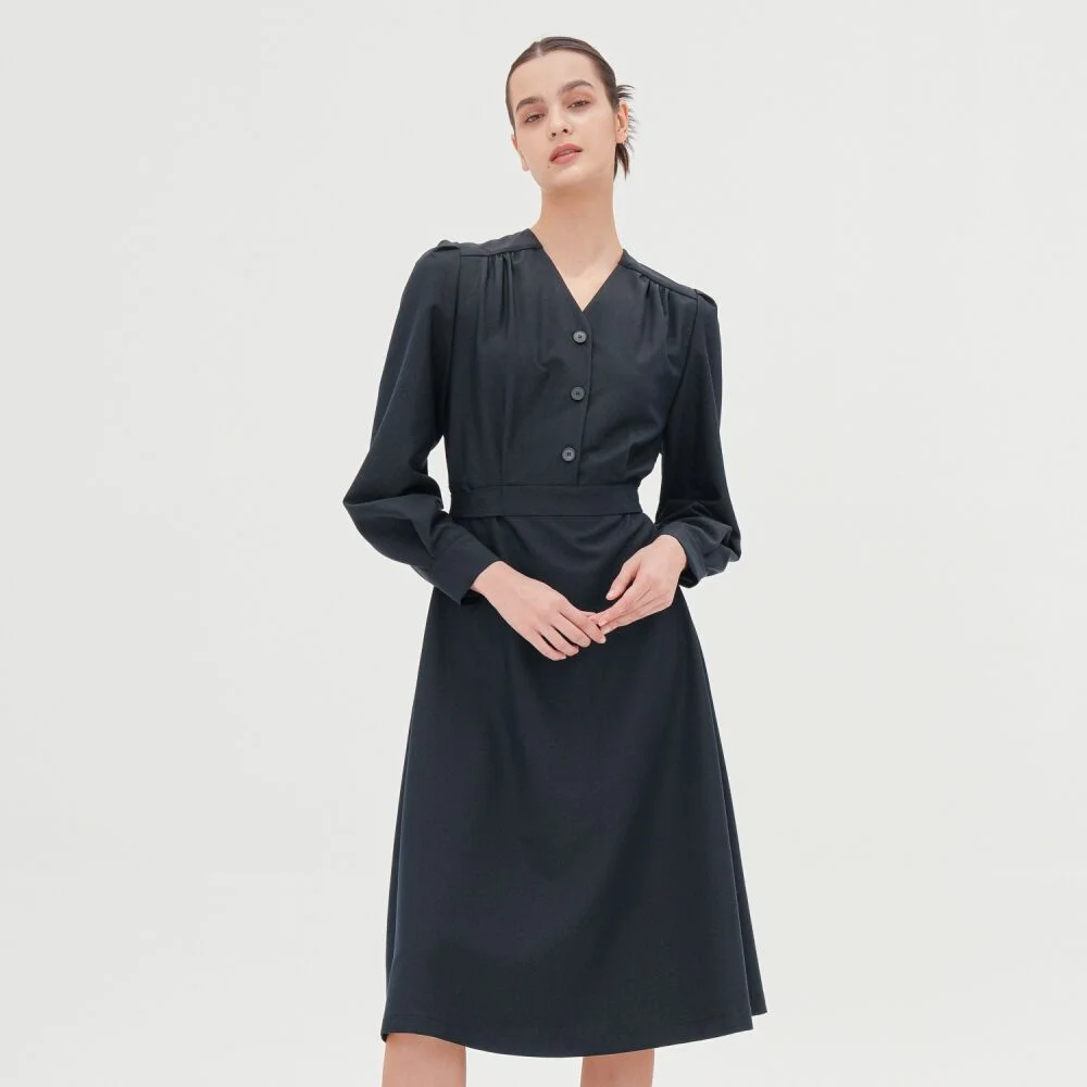 V-neck Long Sleeve Shirt Dress _Navy