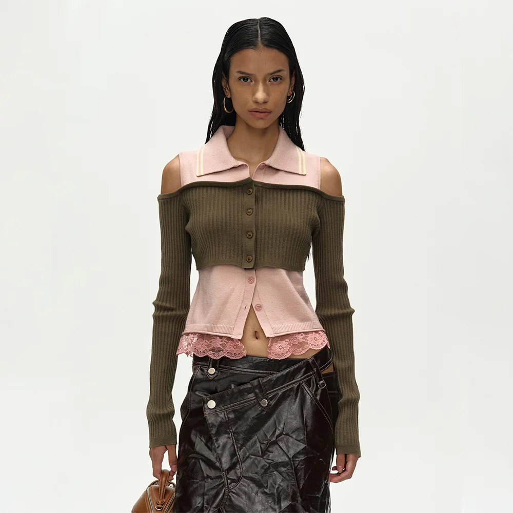 LAYERED OFF-SHOULDER COLLAR TOP atb1481w(KHAKI/PINK)