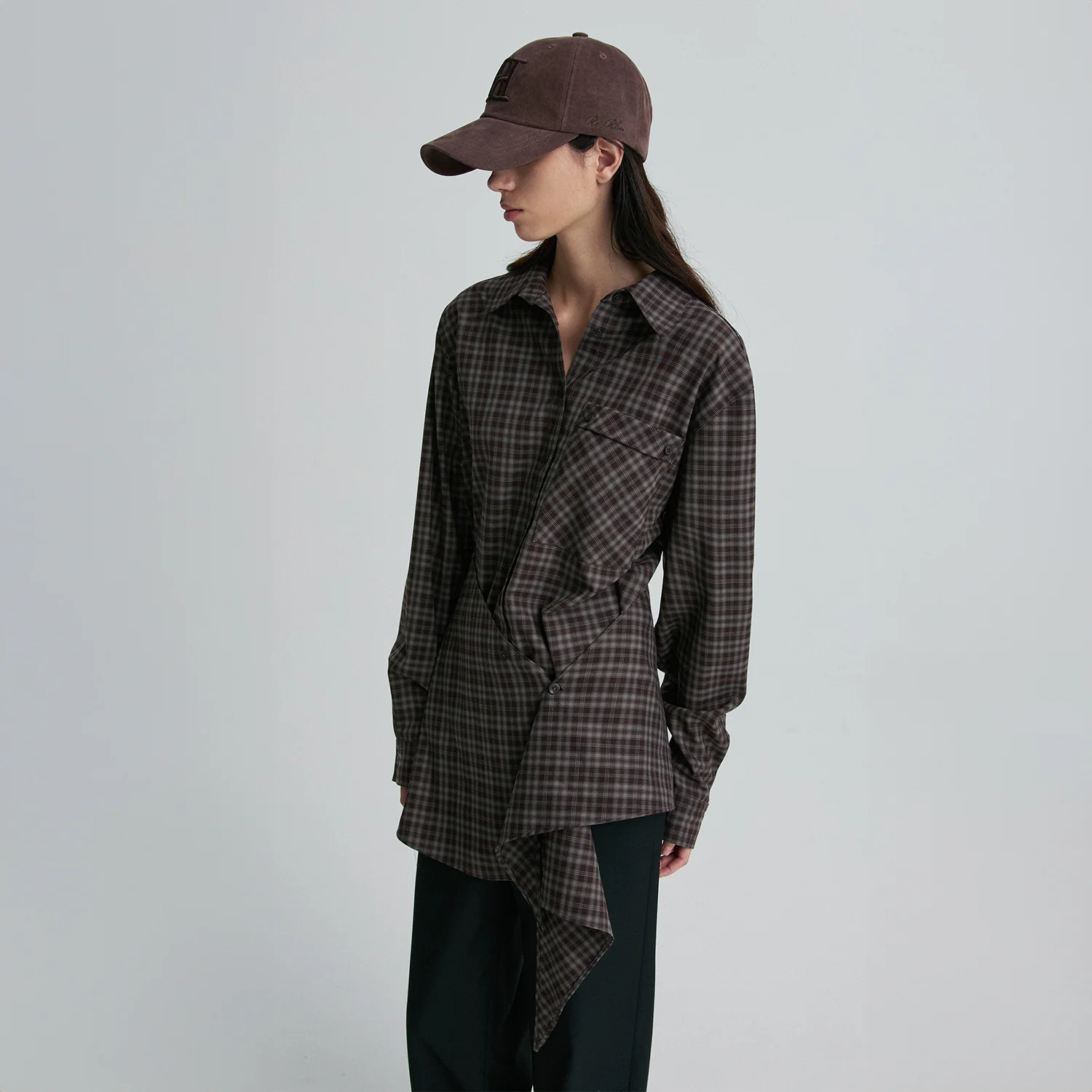 CHECKED WRAP-WAIST SHIRT