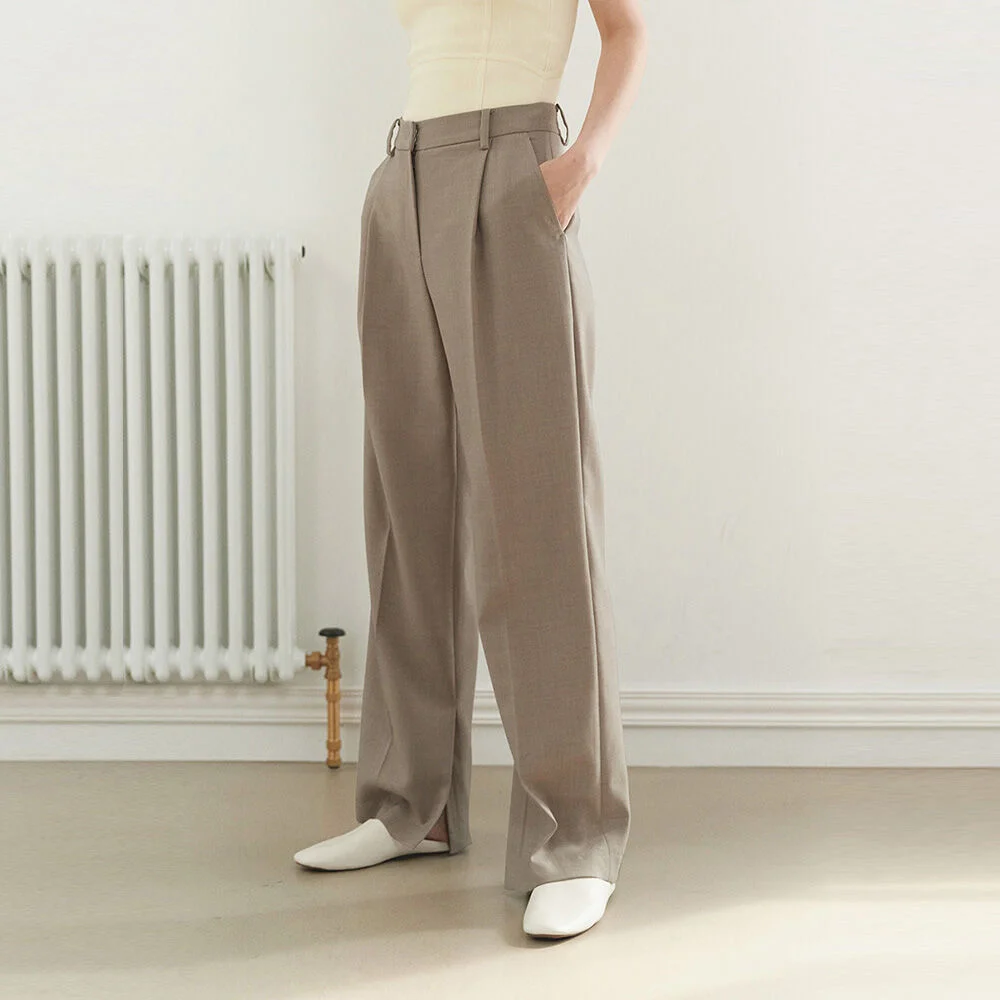 SLIT WIDE WOOL PANTS(wood brown)