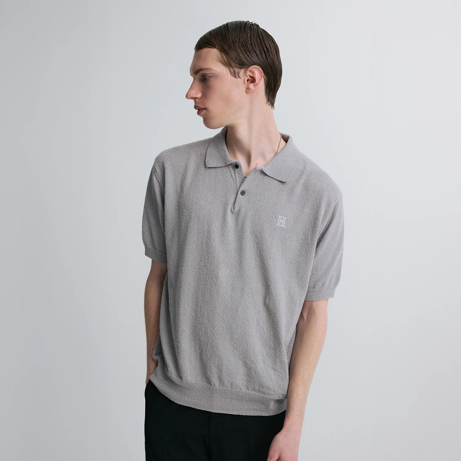 BOUCLE KNIT POLO SHIRT GRAY