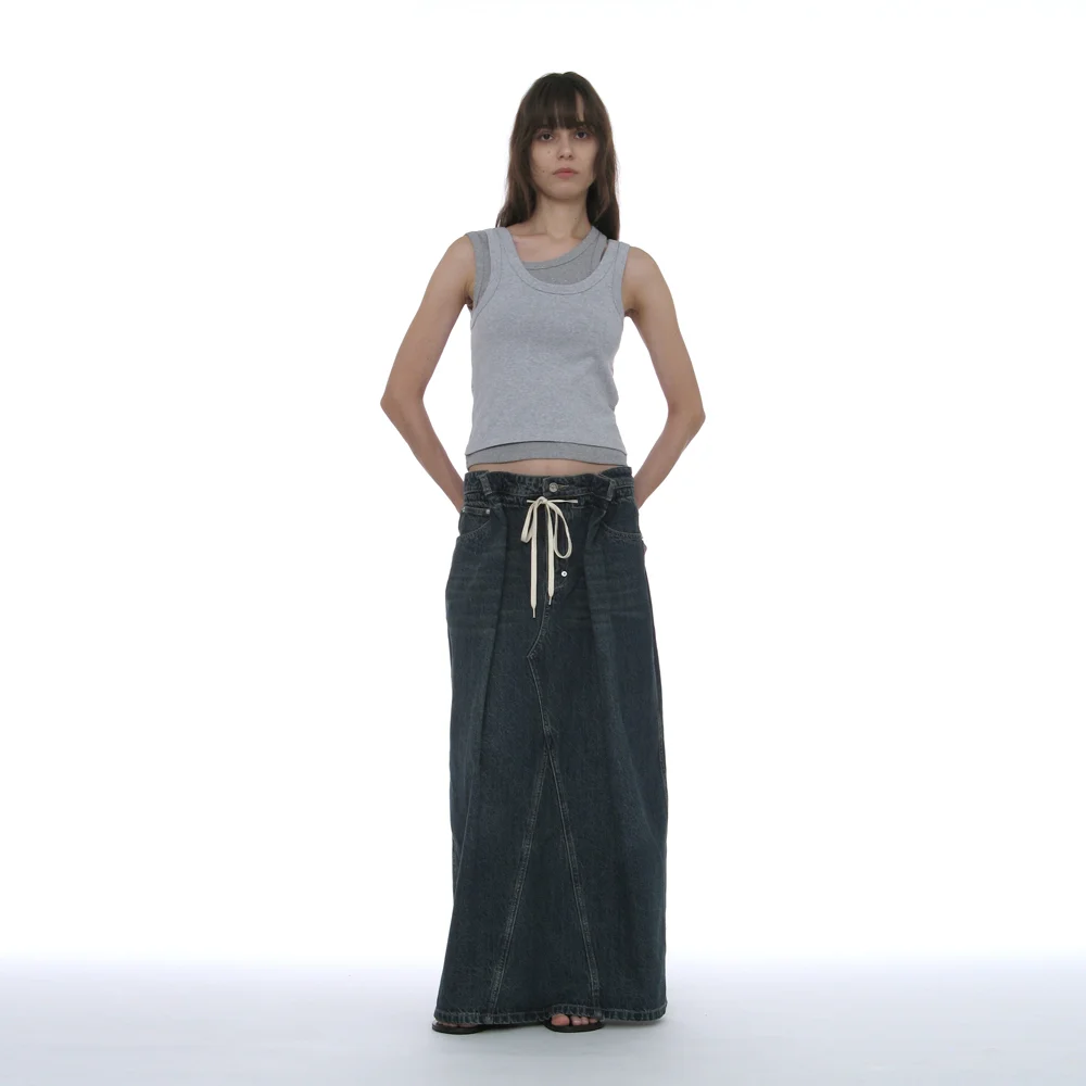 DRAWSTRING DENIM MAXI SKIRT_DARK BLUE