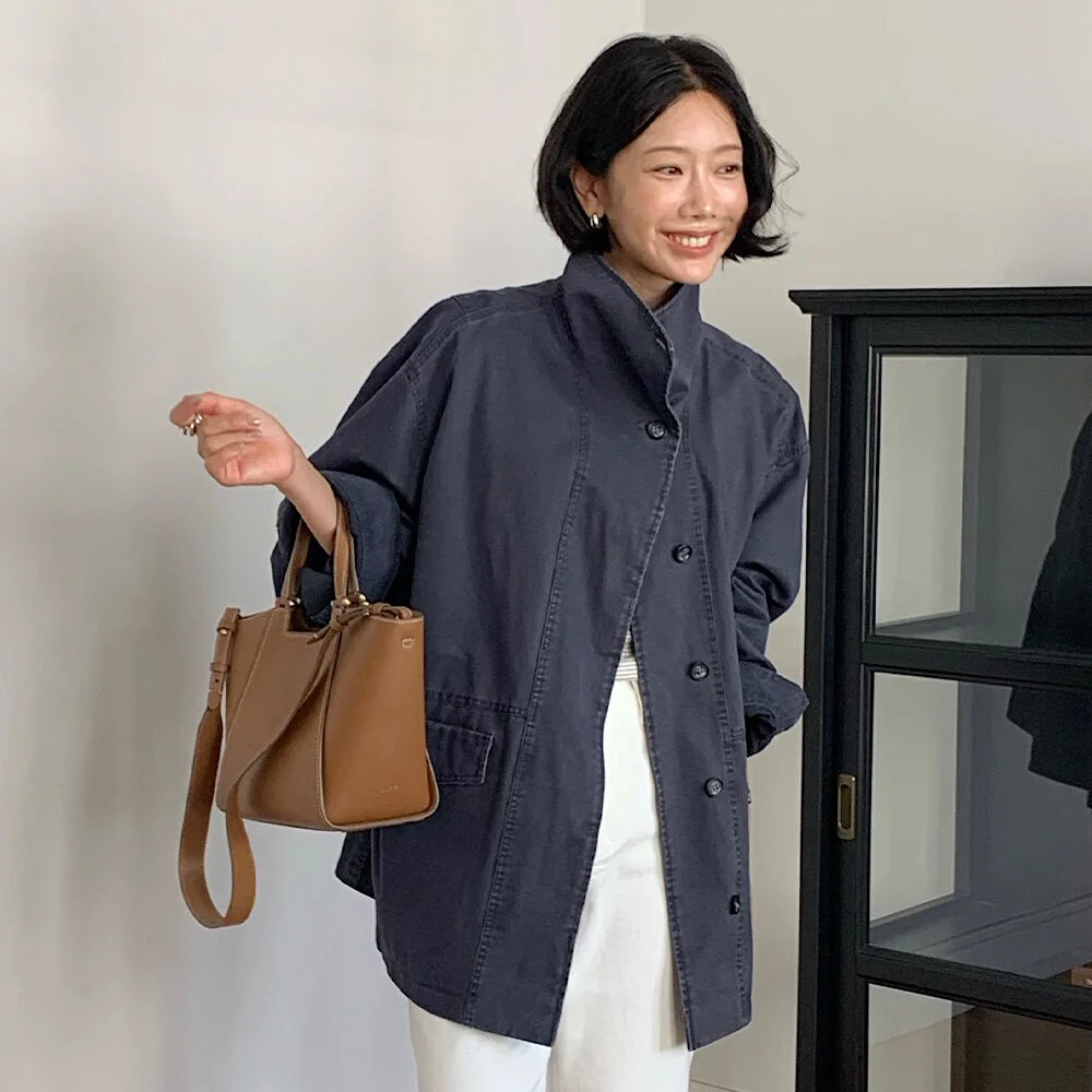 Washed cotton high neck jacket _Navy