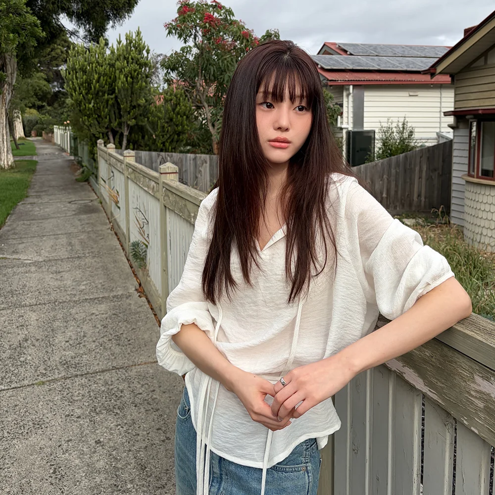 Sheer shirring string blouse_ivory