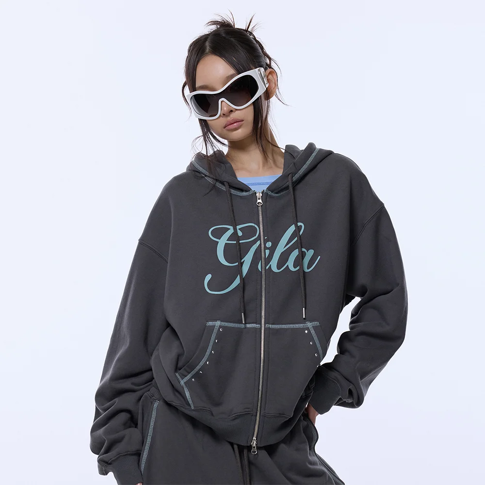 STITCHED SMALL LOGO HOOD ZIP-UP_CHARCOAL